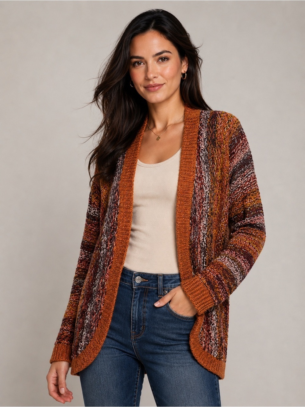 Forever 21 Marled Knit Cardigan Small Orange Purple Open Front Boho Sweater